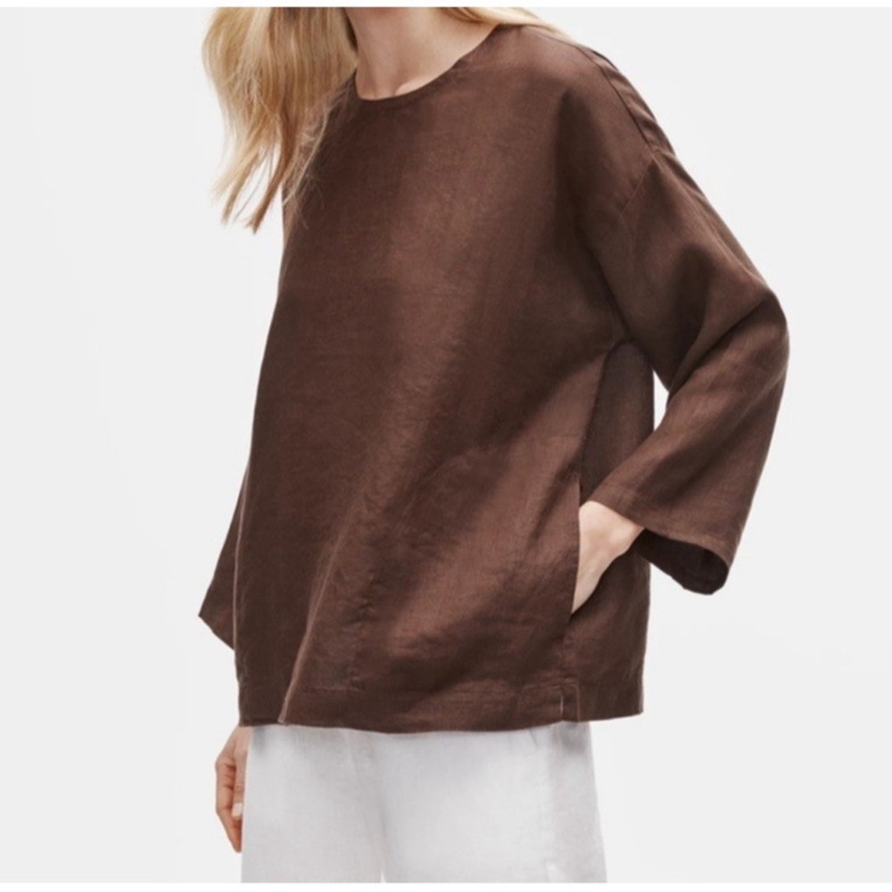Eileen Fisher Brown Boxy 3/4 Sleeve Blouse with pockets